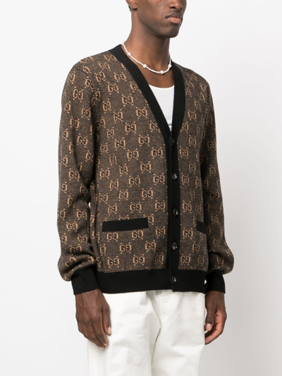 Shop Gucci Gg-jacquard Knitted Wool Cardigan In Braun