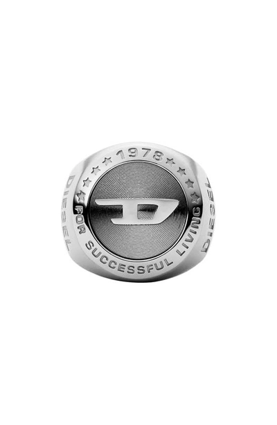Shop Diesel Stainless Steel Logo Signet Ring In Silver