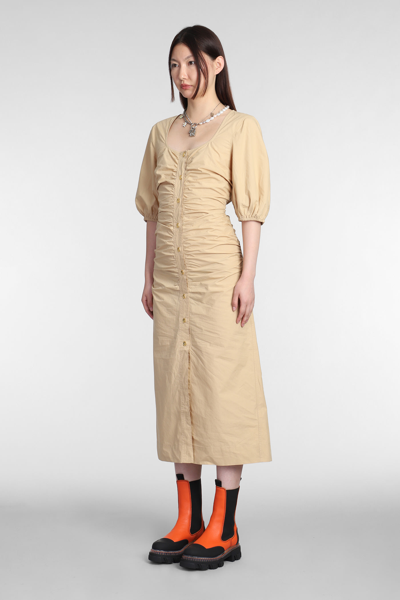 Shop Ganni Dress In Beige Cotton