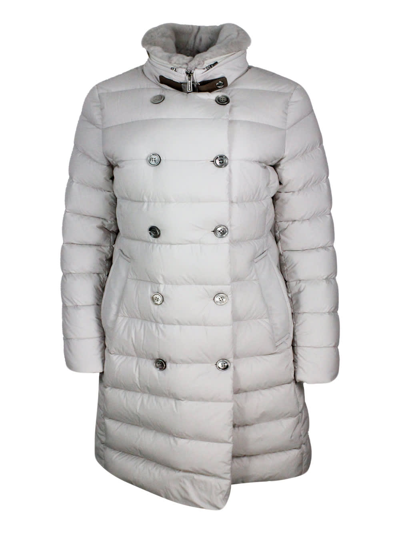 Shop Moorer Long Double-breasted Down Jacket With A Feminine Line Padded With Real Goose Down With Detachable Fu In Ivory