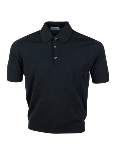 Shop John Smedley Short-sleeved Polo Shirt In Extra-fine Cotton Thread With Three Buttons In Black