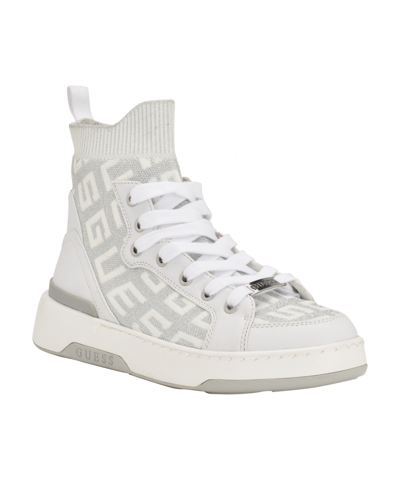 Shop Guess Women's Mannen Knit Lace Up Hi Top Fashion Sneakers In White Logo