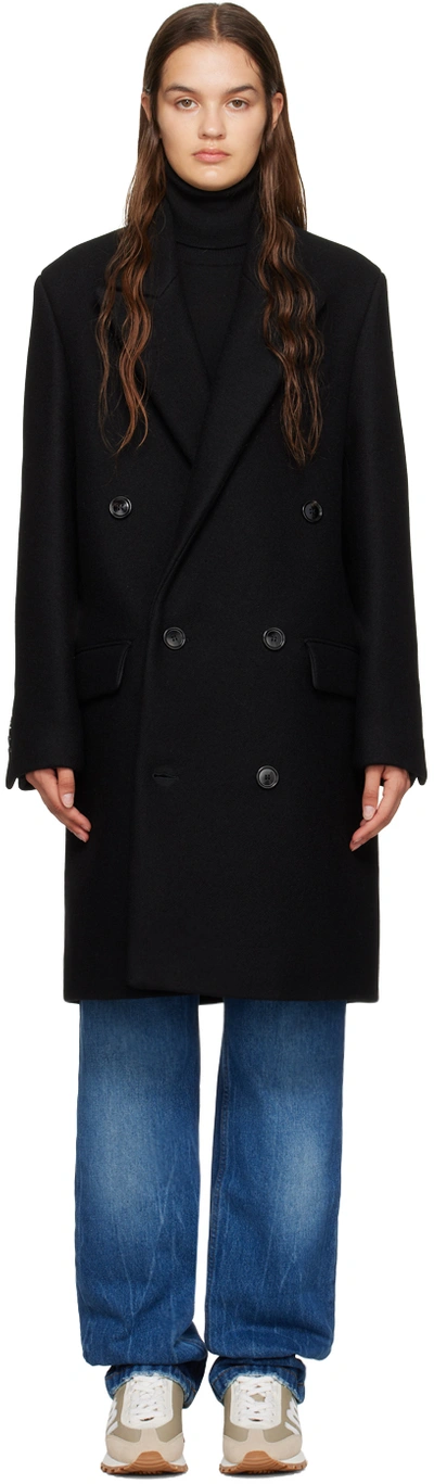 Shop Ami Alexandre Mattiussi Black Double-breasted Coat In Wool Tricotine Black