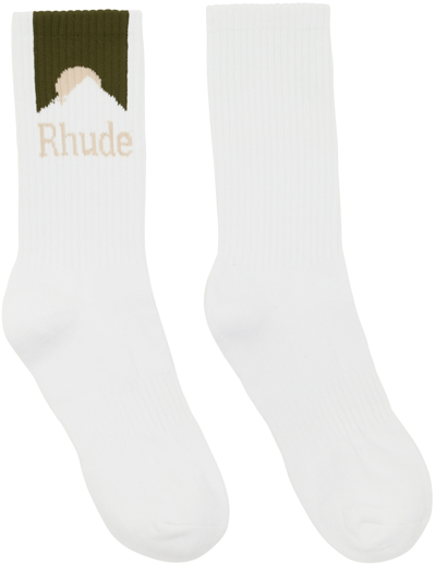 Shop Rhude White & Green Mountain Logo Socks In White/olive/tan