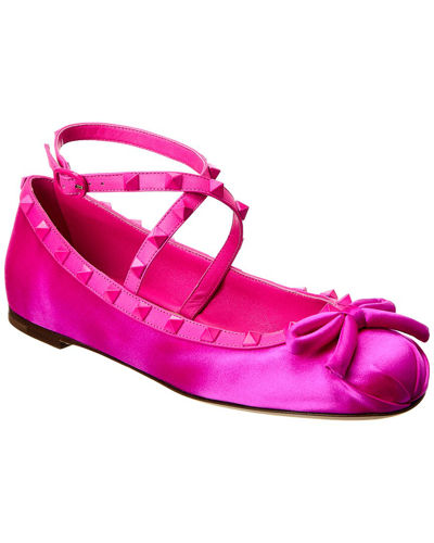 Shop Valentino Rockstud Satin & Leather Flat In Pink