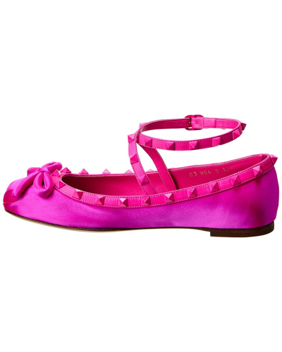 Shop Valentino Rockstud Satin & Leather Flat In Pink