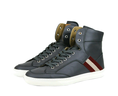 Bally Mens Dark Grey Calf Leather Hi-top Sneaker With Red Beige Oldani.o-225 In Grey