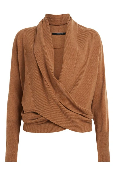 Shop Allsaints Pirate Drape Open Front Cashmere & Wool Cardigan In Camel Brown