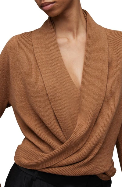 Shop Allsaints Pirate Drape Open Front Cashmere & Wool Cardigan In Camel Brown