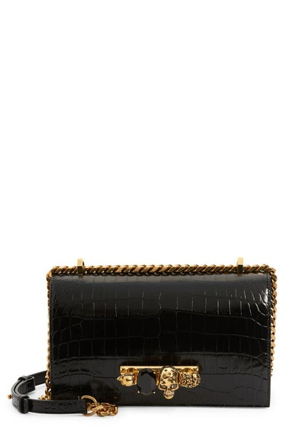 Shop Alexander Mcqueen Jewelled Knuckle Croc Embossed Leather Crossbody Bag In Black