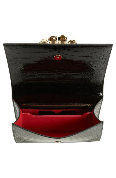 Shop Alexander Mcqueen Jewelled Knuckle Croc Embossed Leather Crossbody Bag In Black