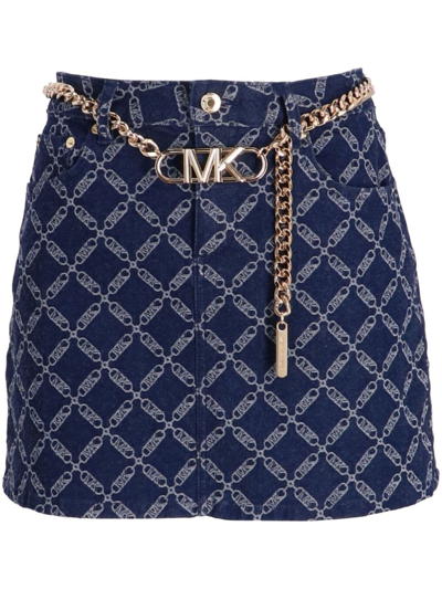 Shop Michael Michael Kors Empire-logo Belted Denim Skirt In Blue