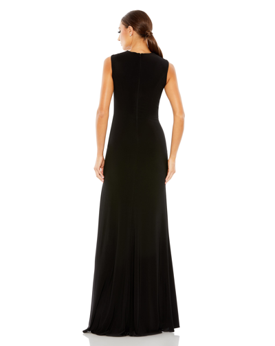 Mac Duggal Black Draped Side Knot Jersey Gown W/ Rhinestone Ring In Black