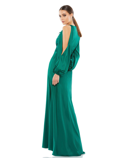 Shop Ieena For Mac Duggal Tied Keyhole Cold Shoulder Bishop Sleeve Gown - Final Sale In Emerald