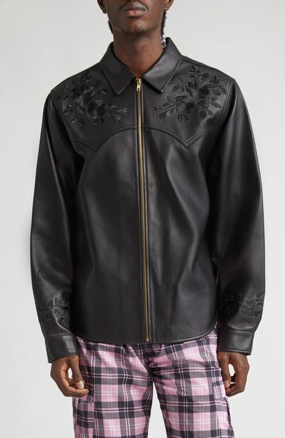 Shop Noon Goons Drop Top Floral Embroidered Lambskin Leather Zip Shirt Jacket In Black