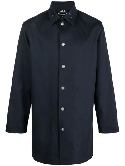 Shop Apc A.p.c. Jackets In <p>thibault Cotton Raincoat From A.p.c. Featuring Navy Blue, Cotton, Classic Collar, Neck Flap, Fron