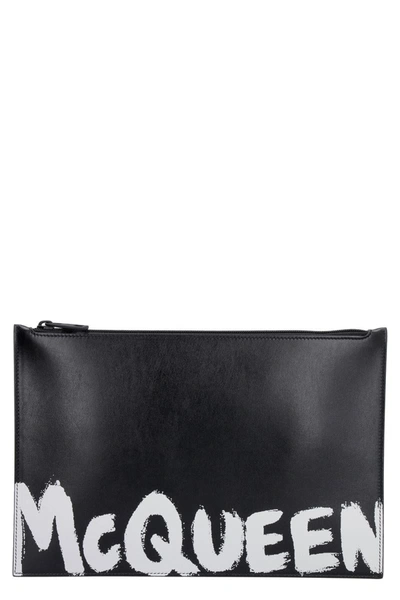 Shop Alexander Mcqueen Logo Detail Flat Leather Pouch In Black
