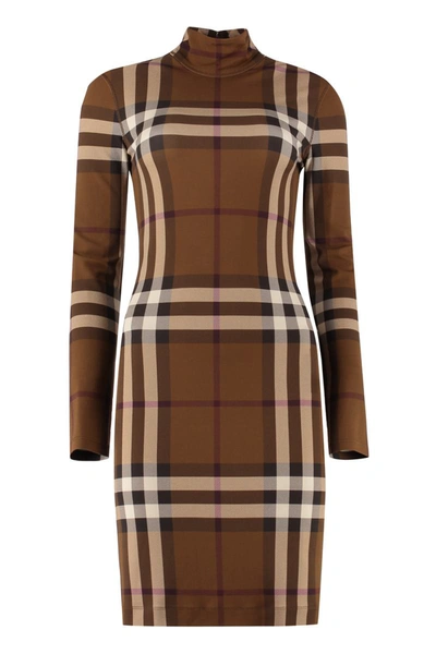 Shop Burberry Checked Jersey Mini Dress In Brown