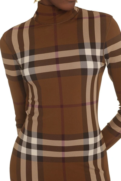 Shop Burberry Checked Jersey Mini Dress In Brown