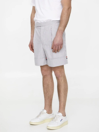 Shop Thom Browne Cotton Seersucker Shorts In Grey