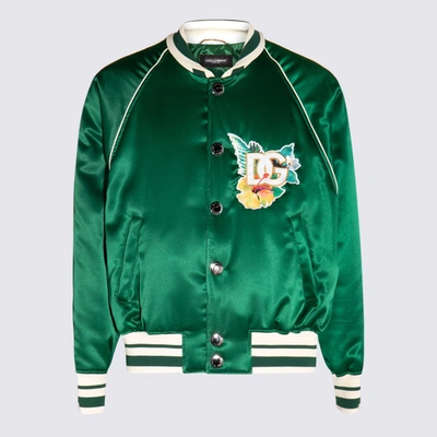 Shop Dolce & Gabbana Green Satin Varsity Bomber Jacket