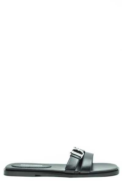 Dsquared2 D2 Statement Leather Flat Sandals In Black