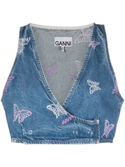 Shop Ganni Embroidered Denim Crop Top In Blue
