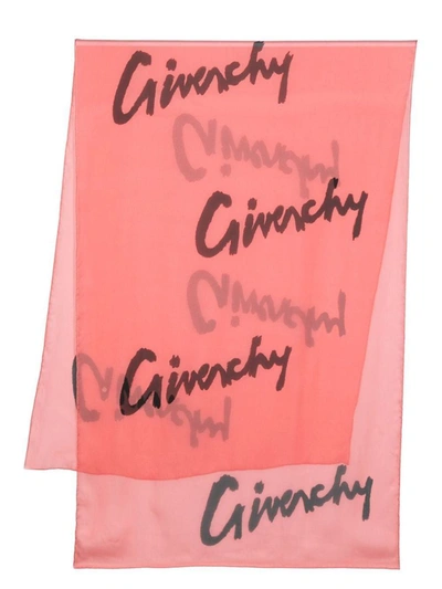Givenchy Logo-print Silk Scarf In Coral/black