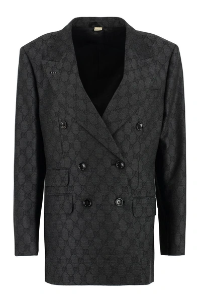 Shop Gucci Double-breasted Wool Blazer In Grey
