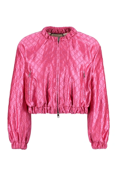 Shop Gucci Embroidered Silk Bomber Jacket In Fuchsia