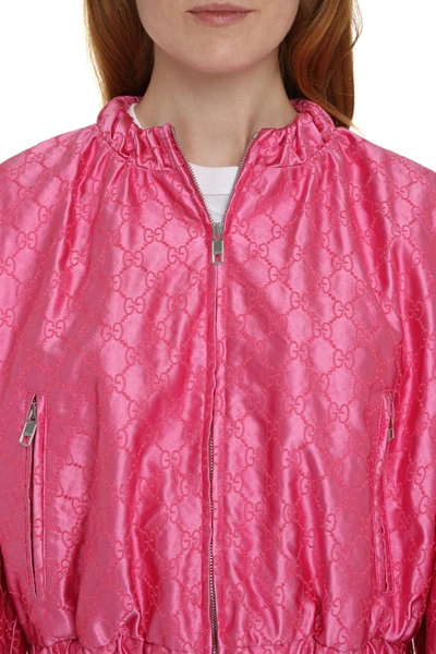 Shop Gucci Embroidered Silk Bomber Jacket In Fuchsia