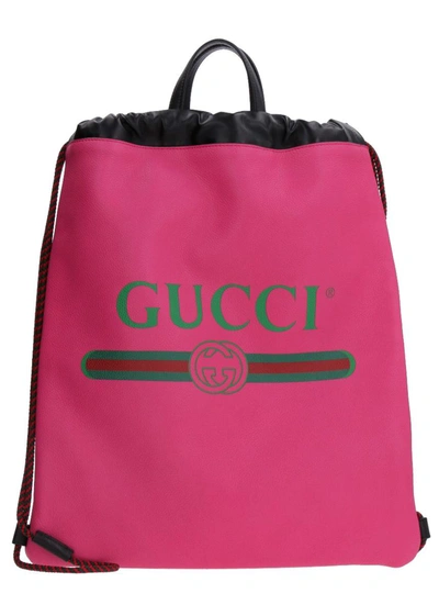 Gucci Leather Logo Print Drawstring Backpack In Fuchsia