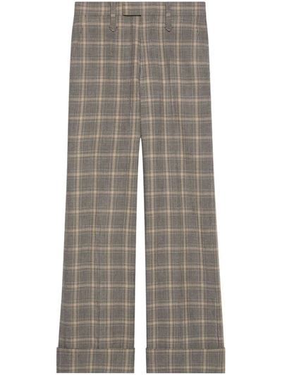 Shop Gucci Prince Of Wales Motif Wool Trousers In Grey
