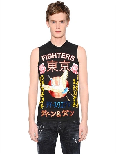 Dsquared2 Fighters Print Jersey Sleeveless T-shirt, Black