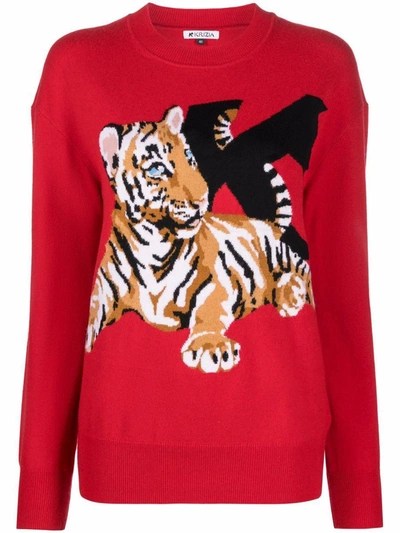 Shop Krizia Wool Sweater With Tiger Motif In Red
