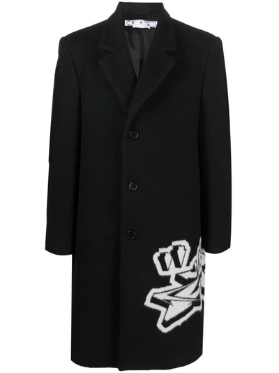 Shop Off-white Single Breasted Coat With Logo Inlay In Black