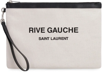 Shop Saint Laurent Logo Print Flat Pouch In Ecru