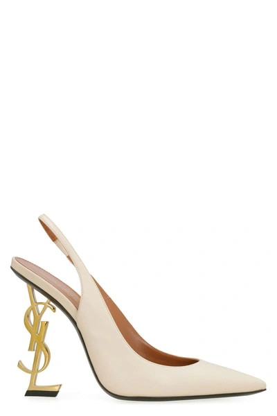 Shop Saint Laurent Opyum Leather Pointy-toe Slingback In Beige