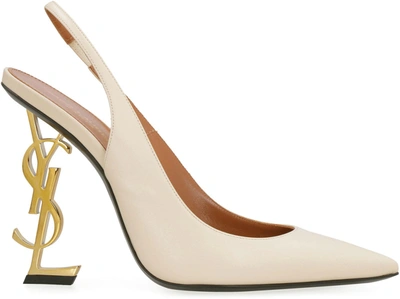 Shop Saint Laurent Opyum Leather Pointy-toe Slingback In Beige