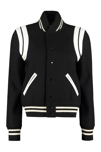 Shop Saint Laurent Wool-blend Bomber Jacket In Black