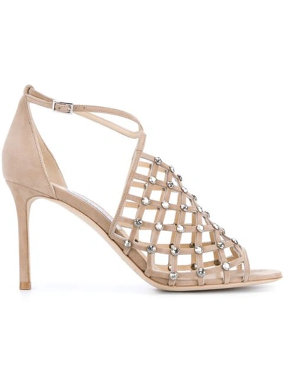 Jimmy Choo Donnie 100 Nude Suede Sandals With Crystal Studs In Neutrals