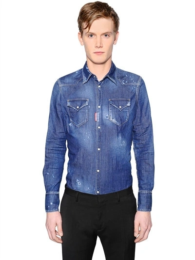 Shop Dsquared2 Distressed Washed Denim Western Shirt, Blue