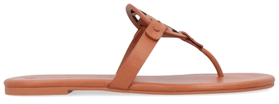 Shop Tory Burch Miller Leather Flat Sandals In Saddle Brown
