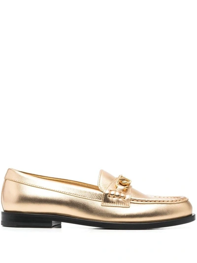 Shop Valentino Garavani Vlogo Chain Leather Loafers In Golden