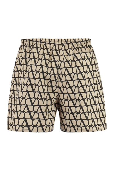 Shop Valentino Printed Cotton Bermuda Shorts In Beige