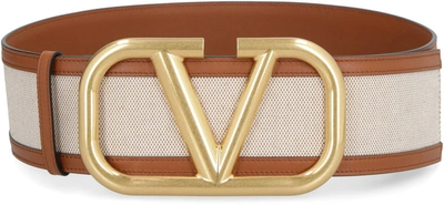 Shop Valentino Garavani - Canvas And Leather Belt In Beige