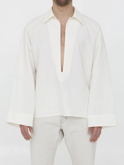 Shop Saint Laurent Vareuse Shirt In Cotton And Linen In Ivory