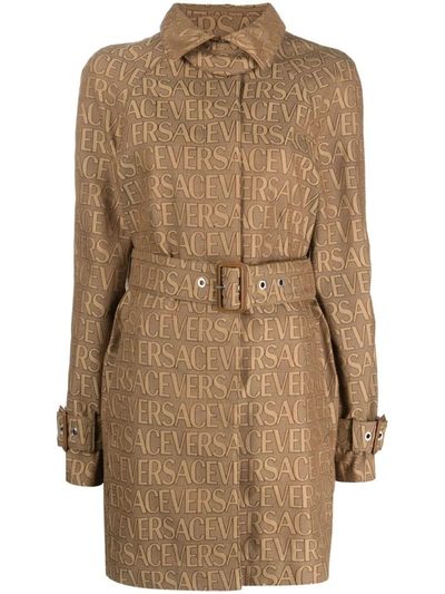 Shop Versace All-over Logo Trench Coat In Brown