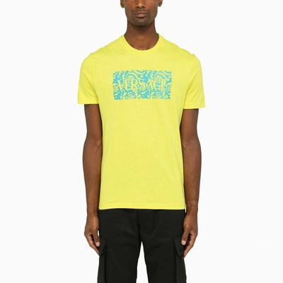 Shop Versace Flock Barocco Silhouette Crew Neck T-shirt In Yellow