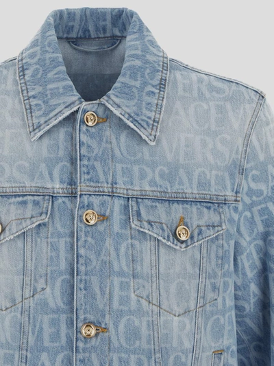 Shop Versace Logo Laser Print Denim Jacket In Blue